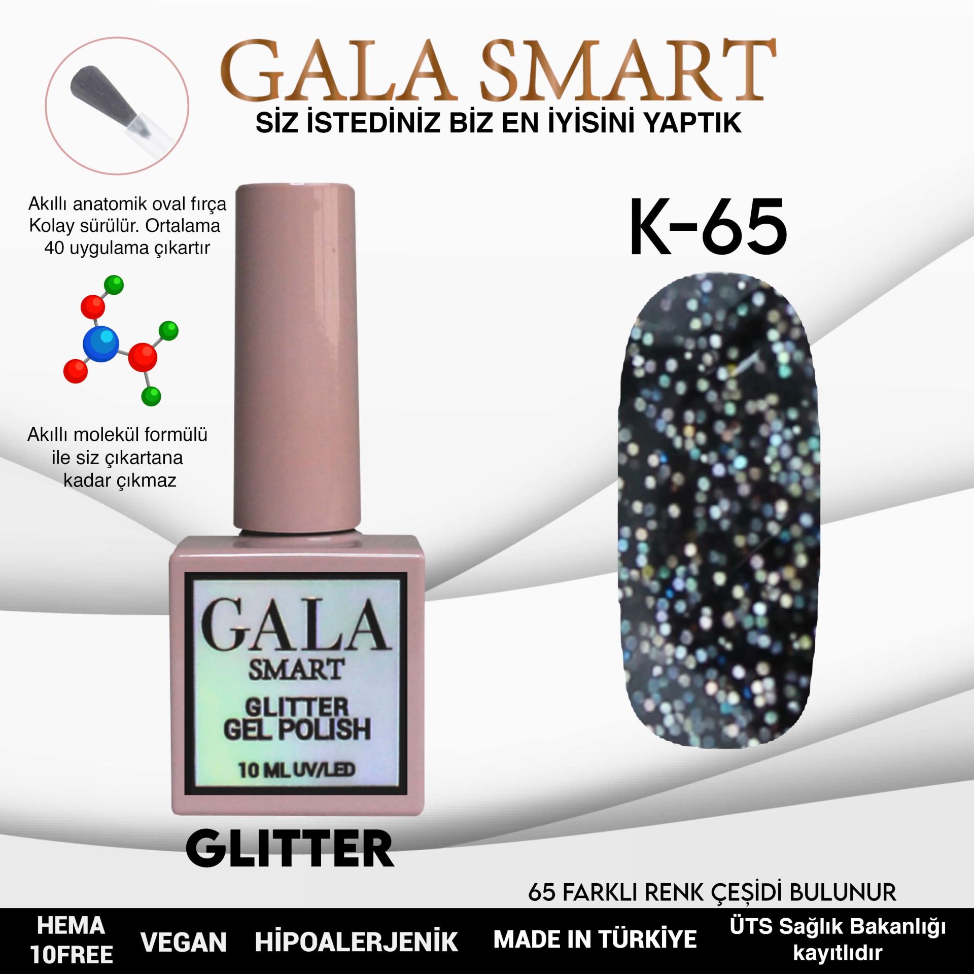 K65 Gala Smart Glitter Kalıcı Oje 10 ml
