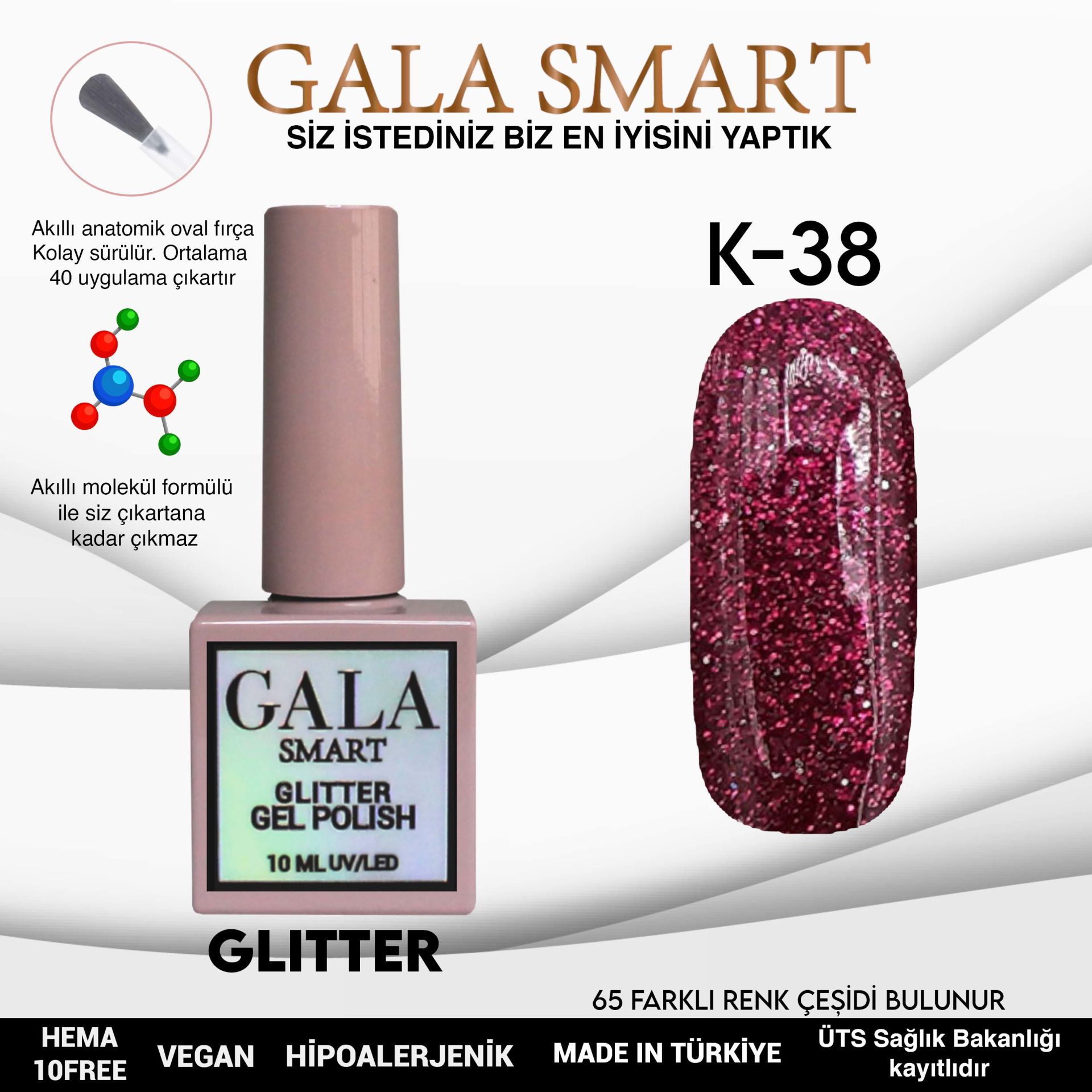 K38 Gala Smart Glitter Kalıcı Oje 10 ml