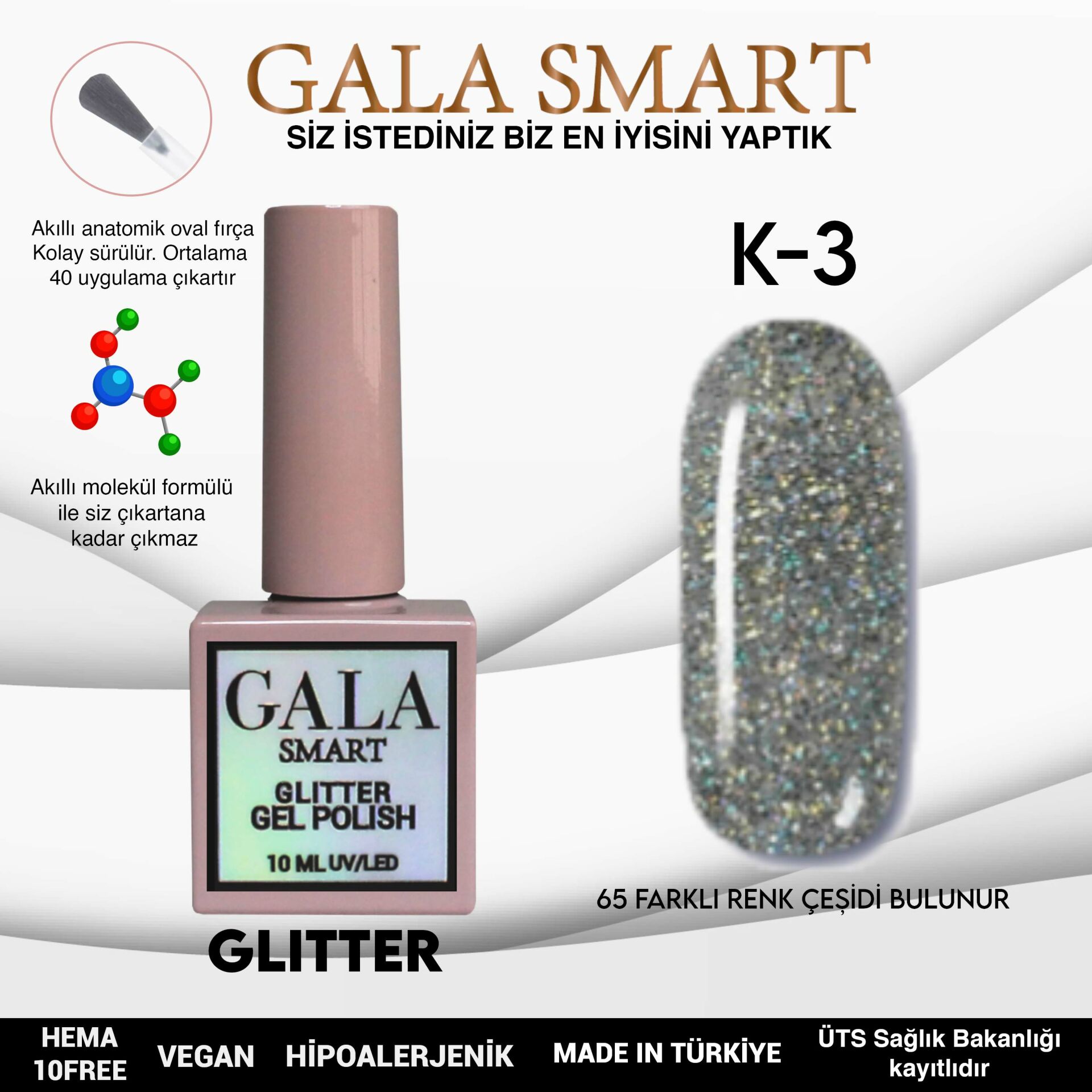 K03 Gala Smart Glitter Kalıcı Oje 10 ml