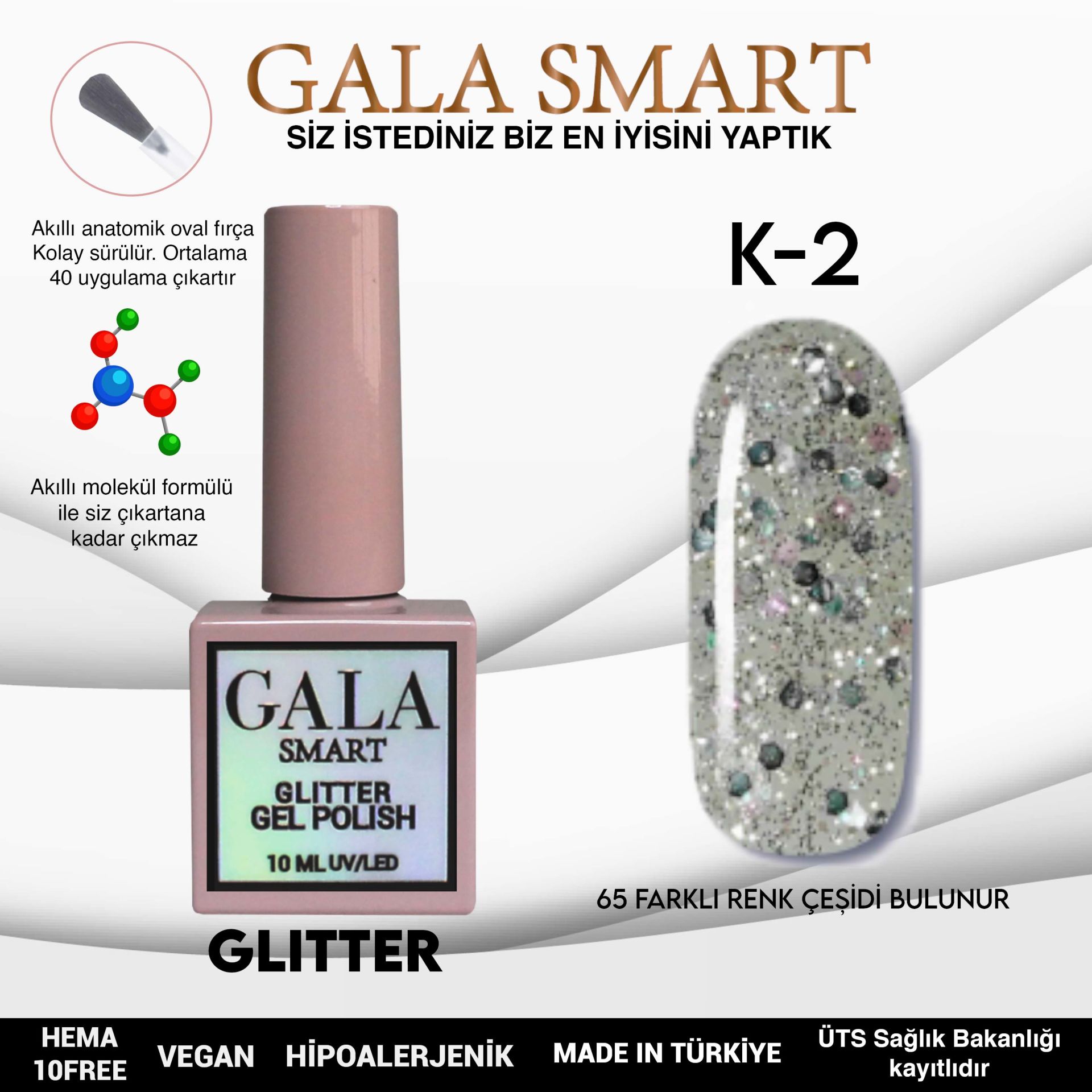 K02 Gala Smart Glitter Kalıcı Oje 10 ml